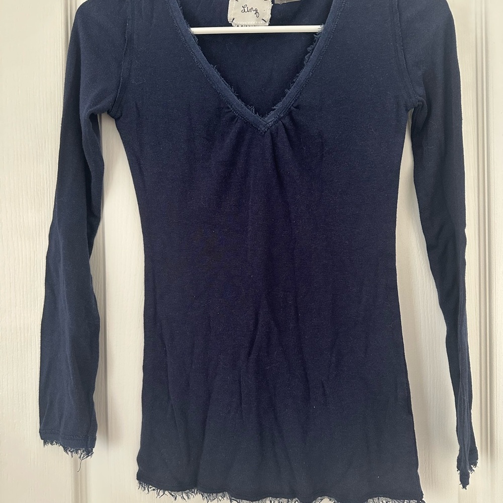 Linq Navy Blue fringed V-Neck Long Sleeve Blouse